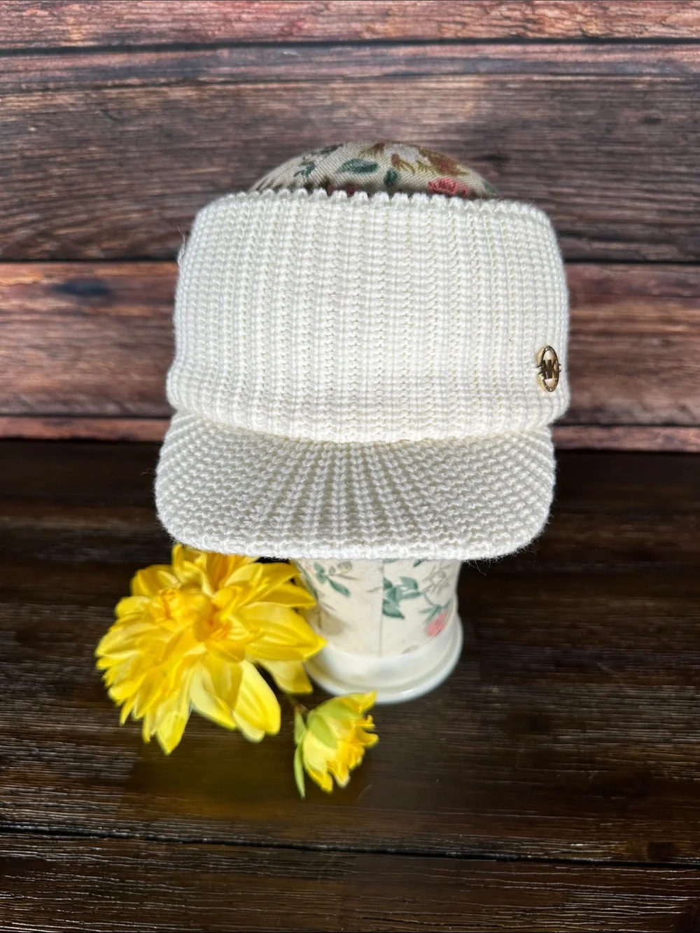 Michael Kors Cream Knit Visor with Gold MK Emblem